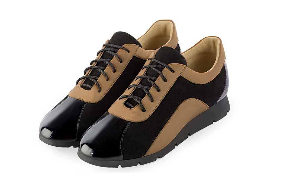 Gloss black and camel beige women's two-tone elegant sneakers. Round toe. Flat rubber soles. Front view - Florence KOOIJMAN